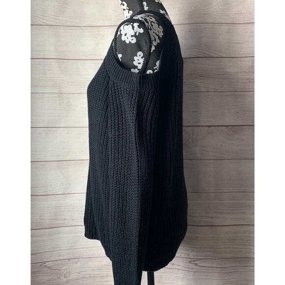 Cozy Casual Black Cold Shoulder Ribbed Knit Sweater Long Sleeves Size S/M - Picture 8 of 16